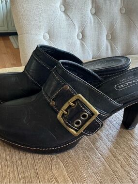 Coach Black Leather Mule Heels with Brass Buckle